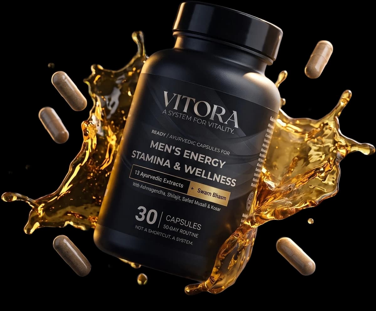 Vitora Ready bottle surrounded by a warm golden splash and capsules